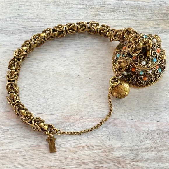 Vintage 60s Warm Gold Tone Antiqued Brass Bell
Locket Bracelet Etruscan Revival - Picture 7 of 7